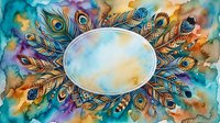 Watercolor peacock feathers arranged in circular pattern around central oval space on vibrant multicolored background for decorative design projects.