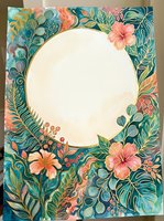 Watercolor tropical floral frame with hibiscus flowers, lush green leaves, and a round copy space center for text or design.
