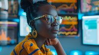 Young African American woman wearing stylish sunglasses and yellow patterned shirt poses thoughtfully against vibrant neon-lit wall with geometric designs, creating modern urban atmosphere.