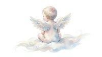 Adorable baby angel with white wings sitting on fluffy clouds in soft watercolor style for nursery decor, greeting cards, and spiritual artwork.