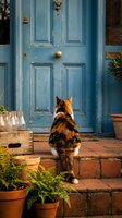 Calico cat sitting on brick porch steps in front of weathered blue wooden door with brass hardware, surrounded by terracotta plant pots in rustic setting.