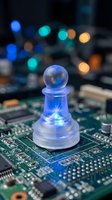 Glowing chess pawn piece on computer circuit board with colorful bokeh lights representing technology strategy and digital innovation concepts.
