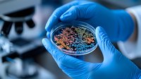 Scientist in blue protective gloves examining bacterial culture in petri dish. Laboratory research of microorganisms, close up view of colorful colonies.