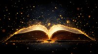 Open magical book with glowing golden light and sparkling particles floating against dark background, creating mystical atmosphere for fantasy and education concepts.