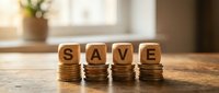 Wooden letter blocks spelling SAVE placed on stacks of coins representing financial savings, investment planning and money management concepts.
