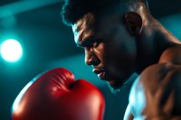 African American male boxer in dramatic lighting with red boxing glove, profile view showing determination and strength against dark background with teal spotlight glow.