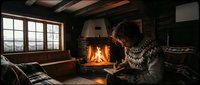 Young woman in patterned sweater reading book by crackling fireplace in cozy rustic cabin with wooden beams creating warm atmospheric winter evening scene.