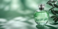 Elegant green perfume bottle with natural leaf shadows on mint background, luxury fragrance concept for cosmetic and beauty product photography.