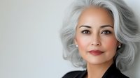 Confident mature Hispanic woman with silver hair and elegant look, portrait on light background for business or lifestyle use.