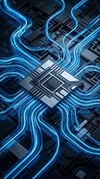 Futuristic computer processor with glowing blue data streams flowing across circuit board representing artificial intelligence and quantum computing technology.
