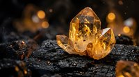 Golden amber crystal formation on dark volcanic rock surface with warm bokeh lighting effects for luxury jewelry and gemstone designs.