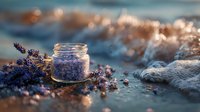 Lavender bath salt in glass jar with dried flowers on rocky coastline at golden hour sunset creating spa wellness atmosphere for relaxation and self-care rituals.
