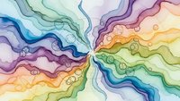 Abstract watercolor waves in rainbow spectrum with flowing organic shapes and bubbles creating dynamic artistic background.