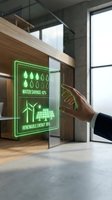Hand touching glowing green neon sign displaying water savings and renewable energy statistics in modern office interior with concrete and wood elements.