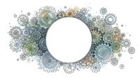 Mechanical gears and cogs frame with white circle space for text. Industrial steampunk design elements in muted colors for engineering concepts.