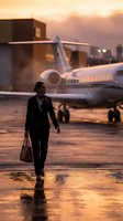 Professional African American businesswoman walking on airport tarmac at sunset with private jet and hangar in background for corporate travel concepts.