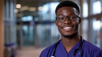 Young African American male doctor in blue scrubs with stethoscope smiling confidently in modern hospital corridor for healthcare marketing materials.