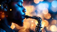 African American male musician playing saxophone against blurred bokeh lights background, dramatic blue lighting creates moody jazz atmosphere.