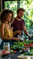 Young multiethnic couple preparing fresh vegetables together in bright kitchen with garden view through windows, enjoying healthy cooking and meal preparation at home.
