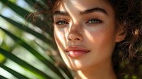 Close up portrait of young mixed race woman with freckles and curly hair in warm sunlight through palm leaves, natural beauty skincare concept.
