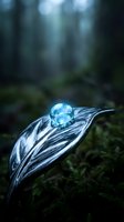 Crystal clear water droplet resting on metallic leaf surface in mystical forest setting with soft bokeh background for nature and wellness concepts.