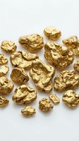 Golden nuggets scattered on white background showing precious metal mining wealth and treasure discovery for investment concepts.