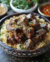 Tender braised lamb chunks served on aromatic saffron rice in decorative bowl, garnished with fresh herbs and citrus zest, accompanied by dipping sauces.