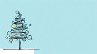 Minimalist abstract Christmas tree with blue and green circles on light turquoise background, perfect for holiday greeting cards and festive designs.