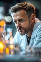 Caucasian male scientist in white coat examining laboratory equipment with focused expression. Warm bokeh lights create atmospheric research environment.
