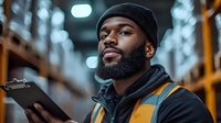 Young African American male warehouse worker in beanie hat and safety vest checking inventory on clipboard in modern distribution center with bokeh lights background.