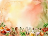 Watercolor culinary background with wooden utensils, fresh herbs, spices and vegetables creating warm cooking frame for recipe cards and food blogs.