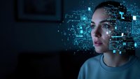 Young woman with digital circuit overlay on face representing artificial intelligence and technology integration in modern computing.