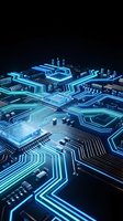 Futuristic circuit board with glowing blue neon traces and electronic components on dark background for technology and computing concepts.