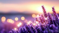 Lavender flowers in soft focus with golden sunset bokeh and blurred water background, suitable for wellness, spa, and nature design projects.