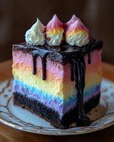 Rainbow layered cake slice with chocolate ganache drip, topped with pink and white meringue kisses on vintage plate. Dark chocolate base creates striking contrast with vibrant colors.