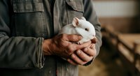 Farmer holding white rabbit in hands, wearing work shirt. Suitable for agriculture, farming, animal care, pet handling, and rural lifestyle content.