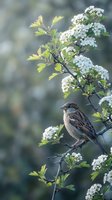 Sparrow perched on a flowering hawthorn branch in spring, surrounded by white blossoms and fresh green leaves against a soft bokeh background.