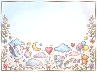 Whimsical nursery border featuring hand-drawn clouds, moon, hearts, balloons, teddy bear, stork, and botanical elements. Isolated design on white background, ready for baby shower invitations, wall decals, and children's product applications.