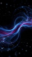 Abstract flowing energy waves in blue and purple colors on dark cosmic background with glowing particles and bokeh effects for digital art projects.
