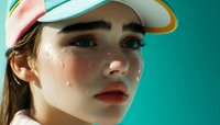 Young Asian woman athlete with tears on face wearing white cap against turquoise background, showing raw emotion and determination in sports moment.