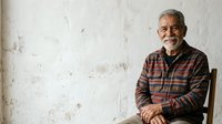 Senior man with gray hair and beard, wearing a burgundy and navy plaid shirt, sitting against a weathered white wall. Suitable for portraits, lifestyle, aging, and professional content.