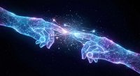 Digital hands reaching toward each other with glowing neural network patterns and energy particles on dark space background for technology concepts.