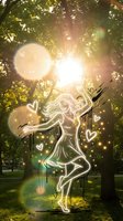 Glowing white silhouette of dancing woman with flowing hair surrounded by hearts and sparkles in sunlit forest with lens flare effects and magical atmosphere.