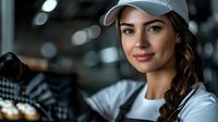 Young Hispanic female baker in white uniform and cap smiling confidently in professional kitchen with fresh pastries and bokeh lighting effect in background.