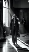 Professional businesswoman in elegant coat walking through corporate lobby with dramatic window lighting in black and white monochrome style.