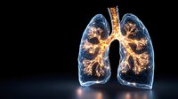 Glowing translucent human lungs with illuminated bronchial tree and respiratory system against dark background, medical science visualization on black backdrop.