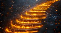Magical glowing spiral staircase with golden sparkles and light particles against dark background, creating mystical atmosphere for fantasy designs and spiritual concepts.
