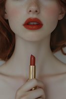 Close-up of bright red lipstick and matching lips, showing delicate pale skin and auburn hair. Elegant gold lipstick tube held in graceful fingers for beauty and cosmetic advertising.