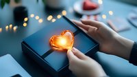 Female hands holding glowing heart-shaped neon light on dark gift box against blurred festive bokeh background, creating romantic holiday atmosphere.