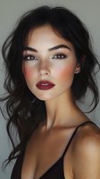 Young Asian woman with freckles wearing burgundy lipstick and natural makeup, dark wavy hair, and black straps against light background. Professional beauty portrait.